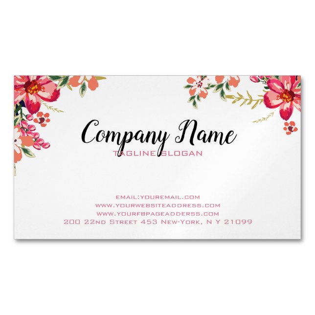 Pink And Red Flowers Magnetic Business Card (Front)