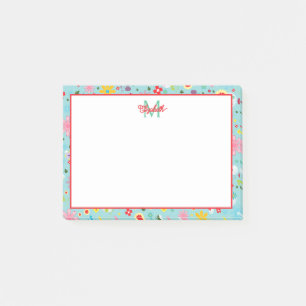 Pink and Red Flowers on Teal Monogram Post-it Notes