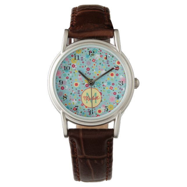 Pink and Red Flowers on Teal Monogram Watch (Front)