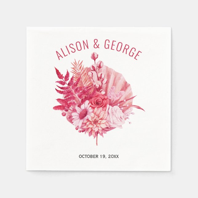 Pink and red flowers, palm leaf wedding napkin (Front)