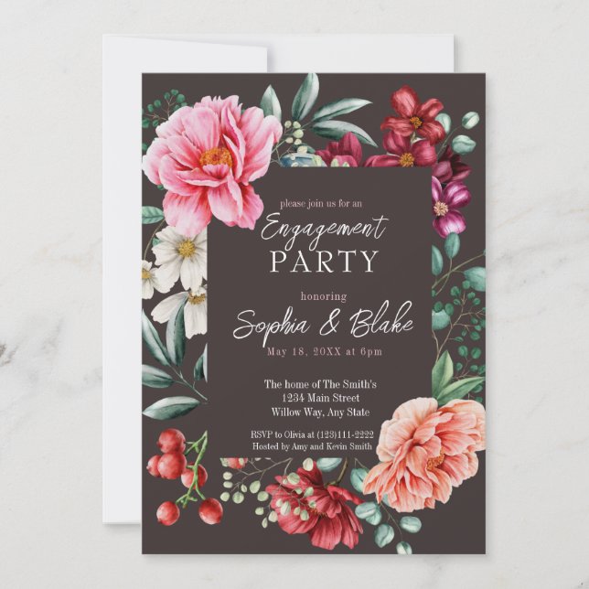 Pink and Red Flowers | Slate Engagement Party      Invitation (Front)
