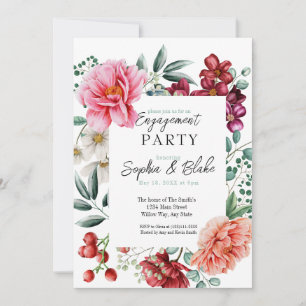 Pink and Red Flowers    White Engagement Party  Invitation