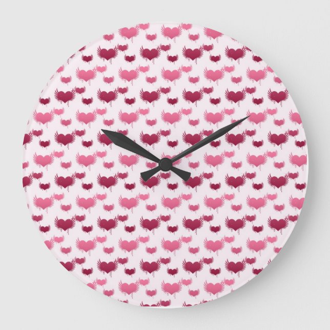 Pink and Red Flying Hearts Large Clock (Front)