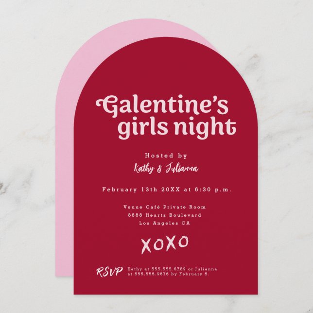 Pink and Red Galentine's Girls Night Party Modern  Invitation (Front/Back)