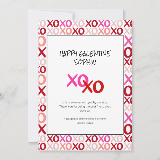 Pink and Red Galentines XOXO Modern Best Friend Holiday Card (Front)
