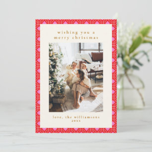 Pink and Red Geometric Tile Merry Christmas Photo Holiday Card