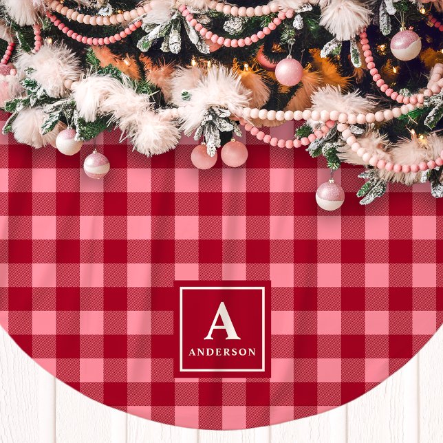 Pink And Red Gingham Plaid Monogram Brushed Polyester Tree Skirt (Creator Uploaded)