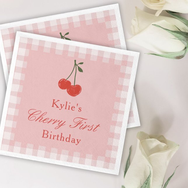 Pink and Red Girl's Cherry First Birthday Napkin (Creator Uploaded)