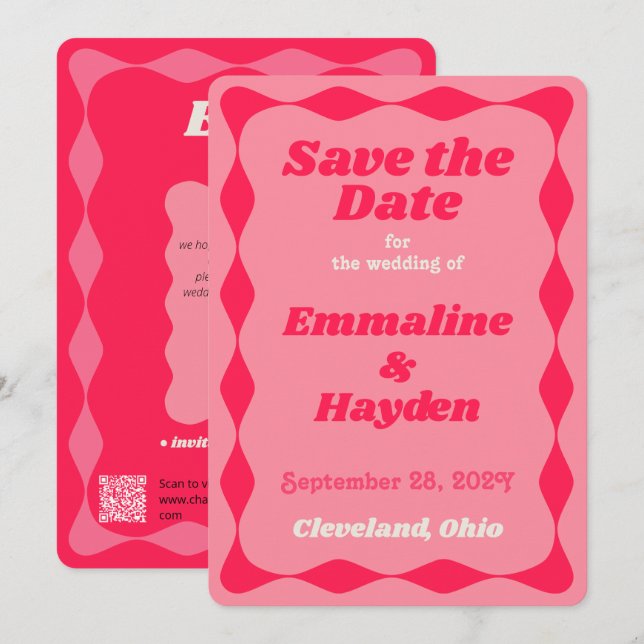 Pink and Red Groovy Wavy Border Wedding Save The Date (Front/Back)