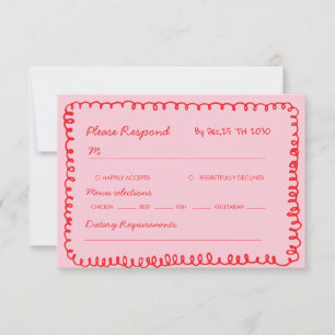 pink and red hand drawn heart whimsical wedding RSVP card
