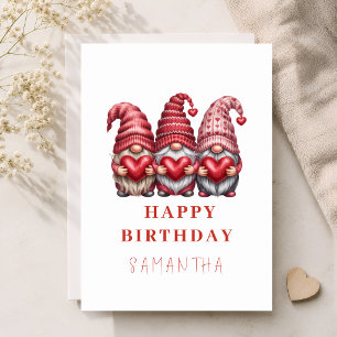 Pink and Red Heart Gnome Birthday Card