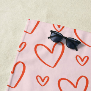 Pink and red heart pattern beach towel