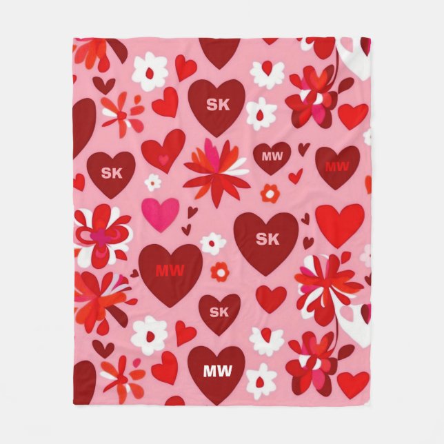 Pink and red hearts and flowers motif and initials fleece blanket (Front)