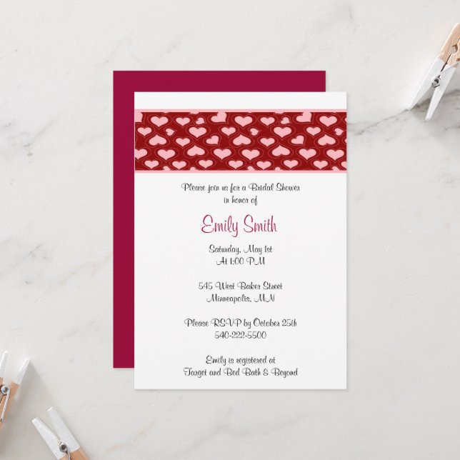Pink and Red Hearts Bridal Shower Invitation (Front/Back In Situ)