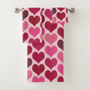 Pink and Red Hearts Pattern Bath Towel Set