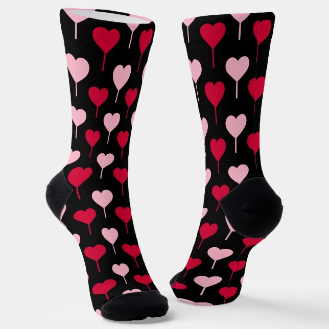 Pink and Red Hearts Pattern Black Socks (Angled)
