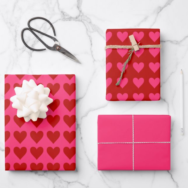 Pink and Red Hearts w/ Valentine Pink Wrapping Paper Sheet (Front)