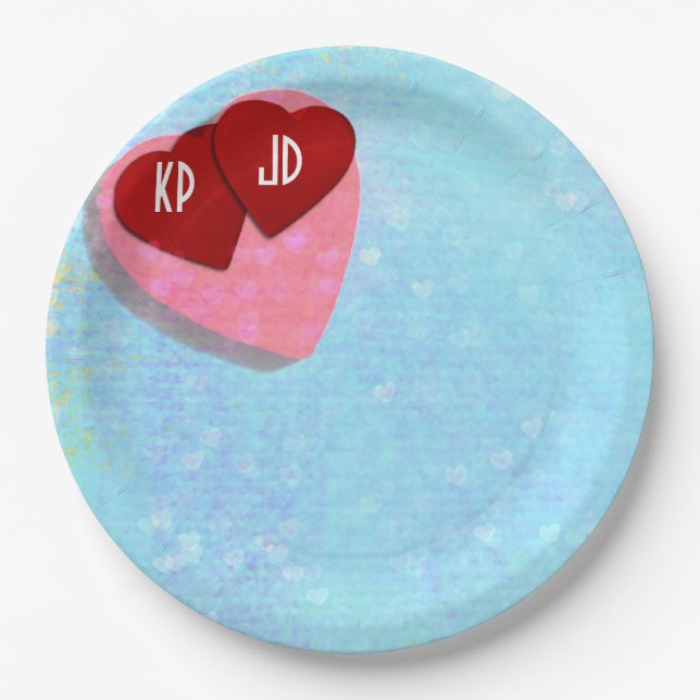 Pink and Red hearts with Personalised Initials Paper Plate (Front)