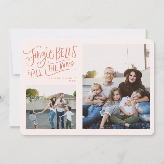 Pink and Red Jingle Bells Holiday Photo Card (Front)