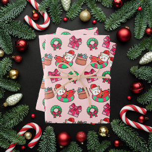 Pink and Red Kawaii Christmas Cat Wrapping Paper Sheet