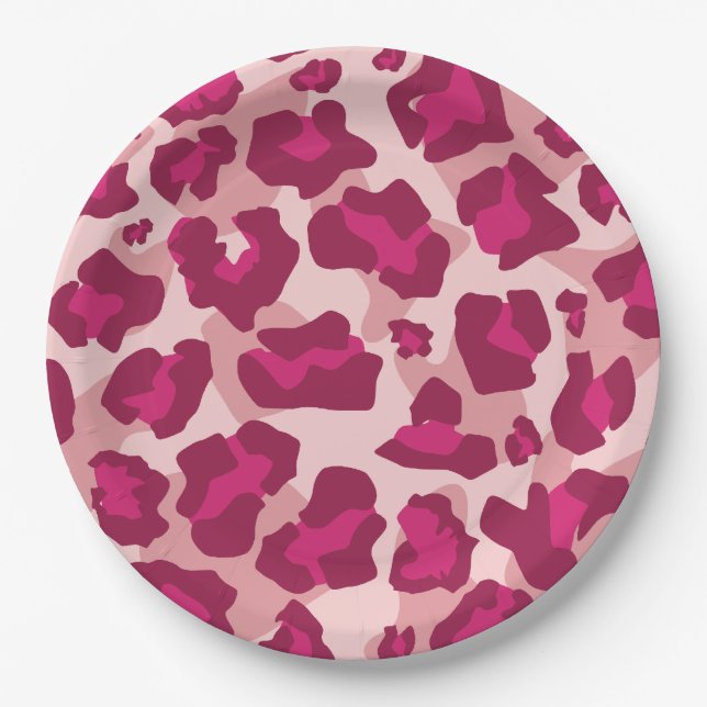 Pink and red leopard animal print paper plate (Front)