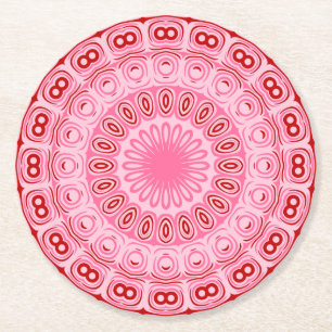 Pink and Red Mandala Kaleidoscope Medallion Flower Round Paper Coaster