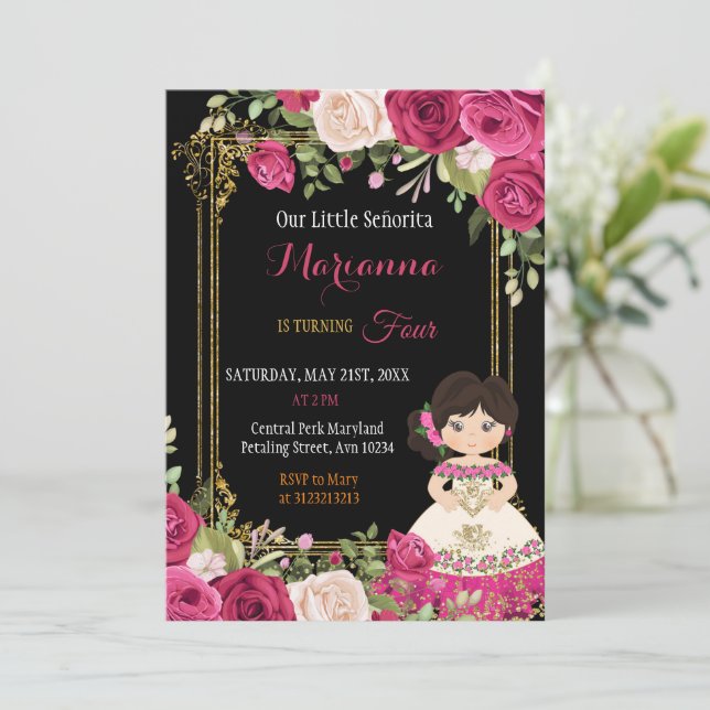 Pink and Red Mexican Floral Girl Fiesta Birthday  Invitation (Standing Front)