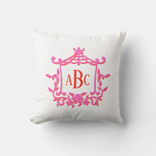 Pink and Red Pagoda Flower Frame Monogram Initials Cushion