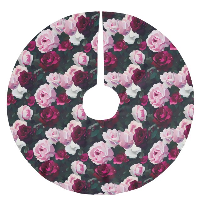 Pink and Red Painted Roses Brushed Polyester Tree Skirt (Front)