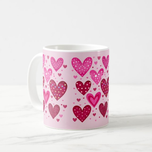 Pink and Red Patterned Hearts Coffee Mug (Front Left)