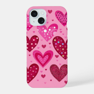 Pink and Red Patterned Hearts iPhone 15 Case