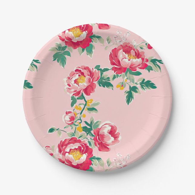 Pink and Red Peony Chinoiserie Floral Paper Plate (Front)