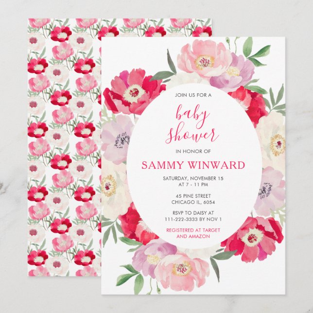 Pink and Red Peony Flowers Baby Shower Invitation (Front/Back)