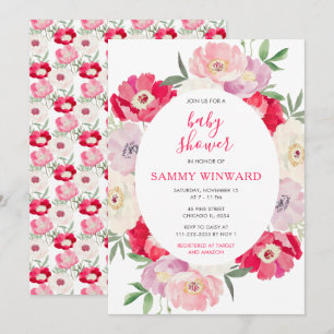 Pink and Red Peony Flowers Baby Shower Invitation