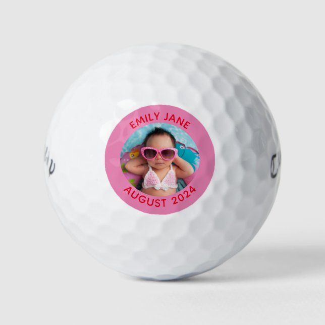 Pink and Red Personalised Round Family Photo Golf Balls (Front)