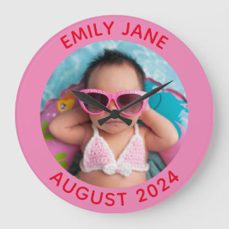 Pink and Red Personalised Round Family Photo Large Clock