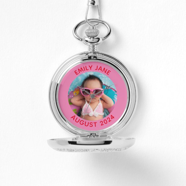 Pink and Red Personalised Round Family Photo Watch (Front)