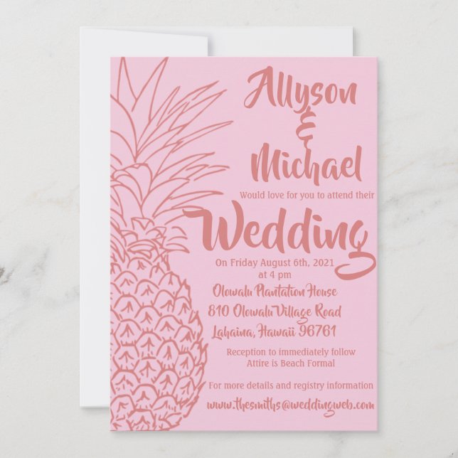 Pink and Red Pineapple Beach Wedding Invitation (Front)