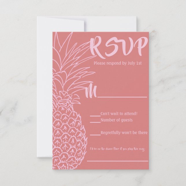 Pink and Red Pineapple Beach Wedding RSVP Card (Front)