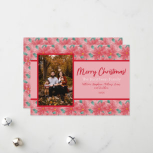 Pink And Red Poinsettia Personalised Photo Family Holiday Card