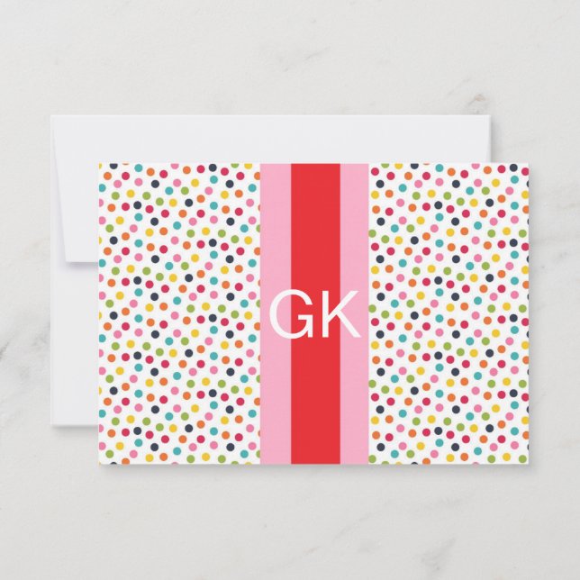 Pink and Red Polka Dot Monogram Flat Note Card (Back)