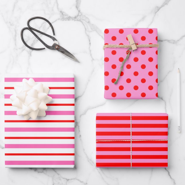 Pink and Red Polka Dot Striped Wrapping Paper Sheet (Front)