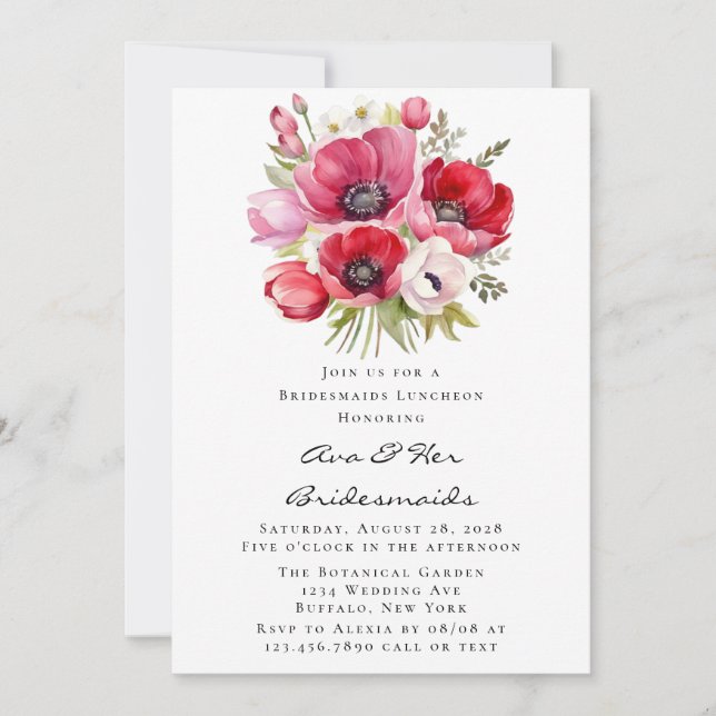 Pink and Red Poppy Tulips Bridesmaids Luncheon Invitation (Front)