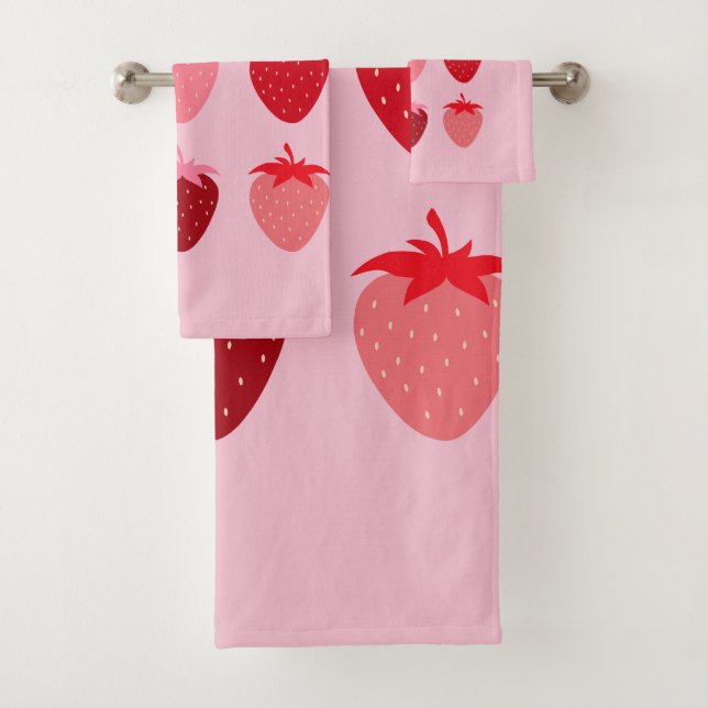 Pink And Red Preppy Aesthetic Strawberries Bath Towel Set (Insitu)