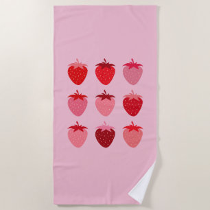 Pink And Red Preppy Aesthetic Strawberries Beach Towel