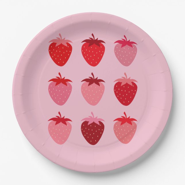 Pink And Red Preppy Aesthetic Strawberries Paper Plate (Front)