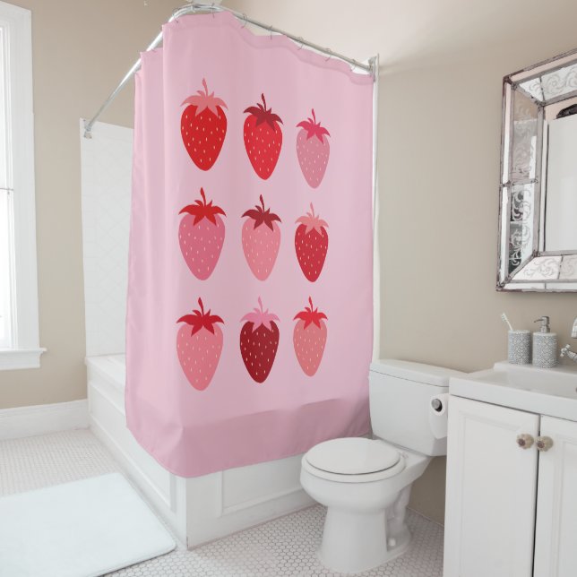 Pink And Red Preppy Aesthetic Strawberries Shower Curtain (In Situ)