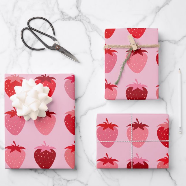 Pink And Red Preppy Aesthetic Strawberries Wrapping Paper Sheet (Front)