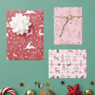 Pink and Red Reindeer and Christmas Trees Wrapping Paper Sheet