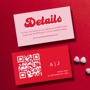 Pink and Red Retro 70s Wedding Qr Code Enclosure Card